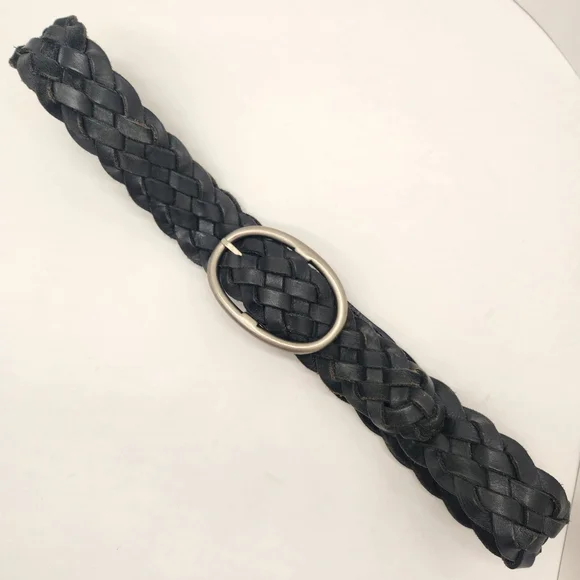 B-Low belt women's L black thick 100% leather Kyra braided solid brass buckle
